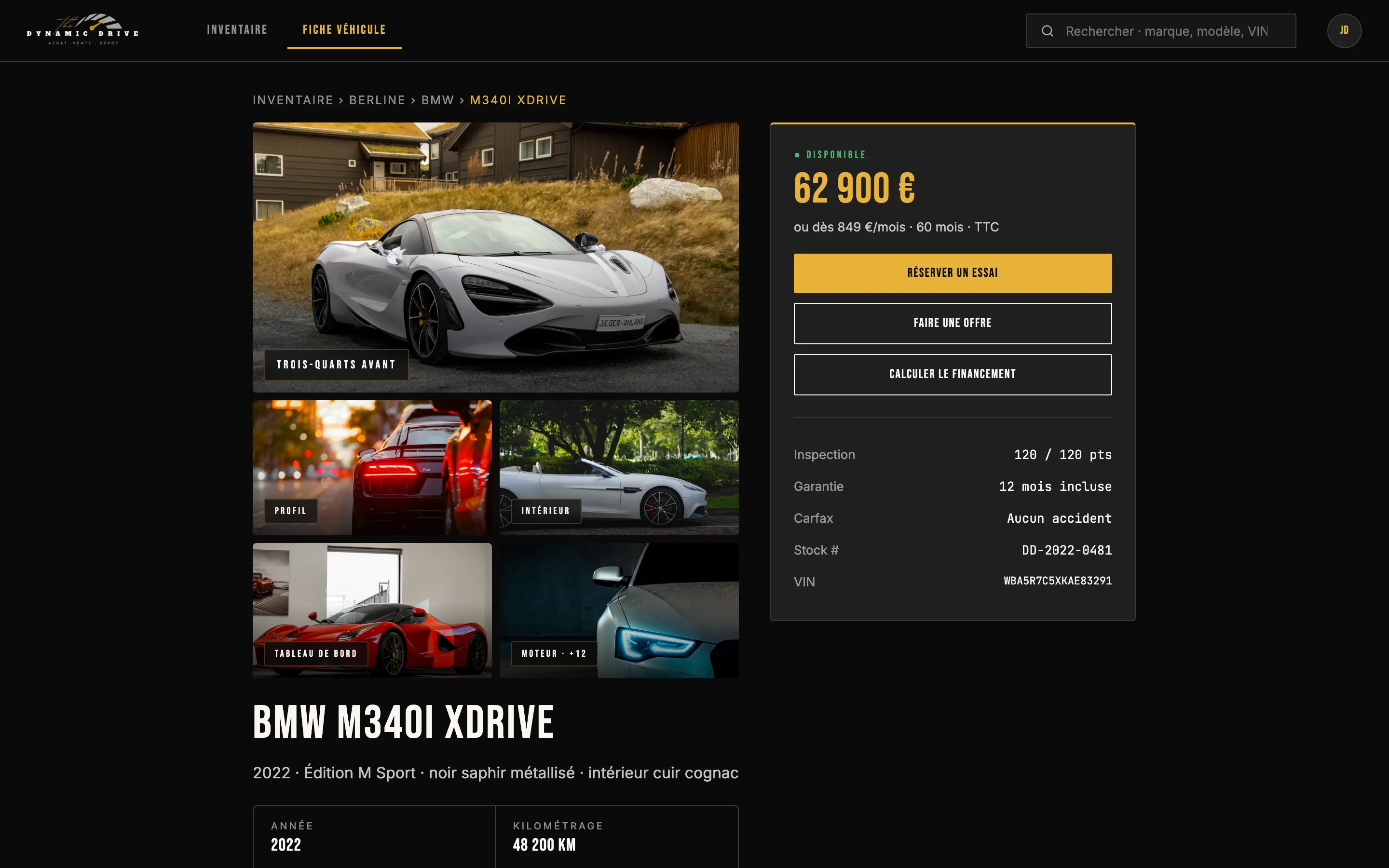 Aperçu d'une fiche véhicule avec galerie et financement